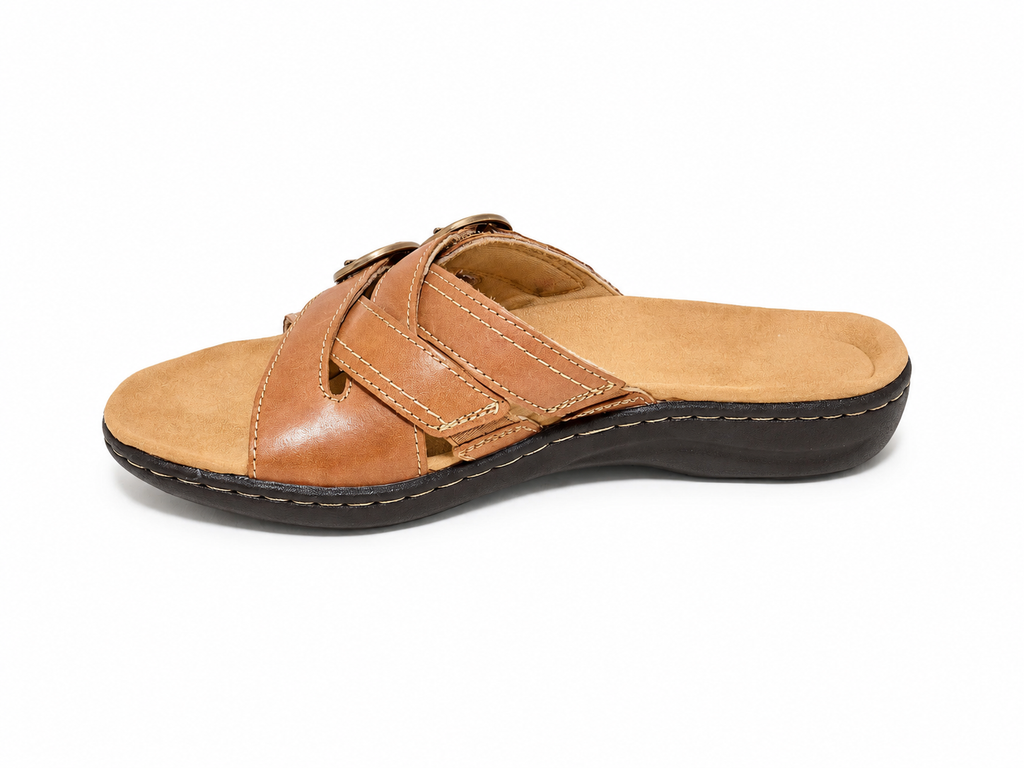 😍 Women’s Comfort Leather Slide Sandals – Soft Cushioned Footbed & Adjustable Buckle Straps ✨
